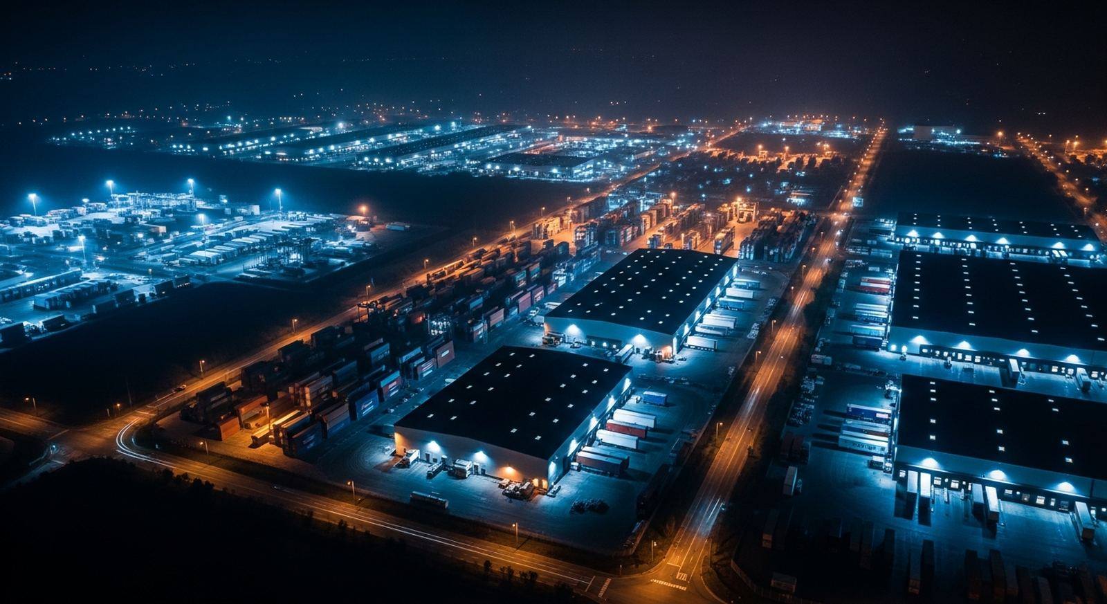 Vista aérea nocturna de un centro logístico industrial con bodegas, contenedores y luces azules.