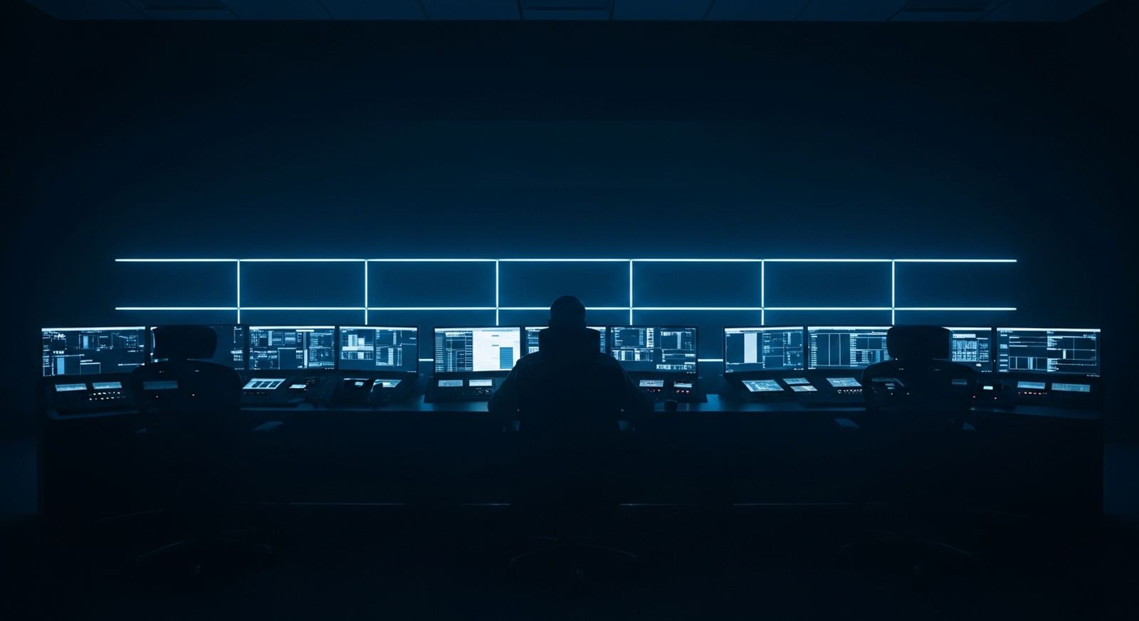 Sala de control industrial de noche, con pantallas de monitoreo iluminadas en azul y un operador en silueta.