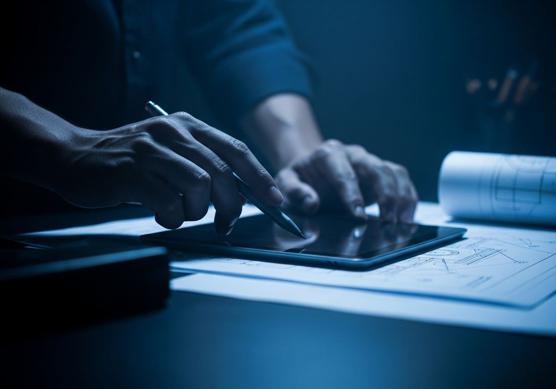 Manos de un ingeniero trabajando sobre una tableta y planos técnicos con luz azul.